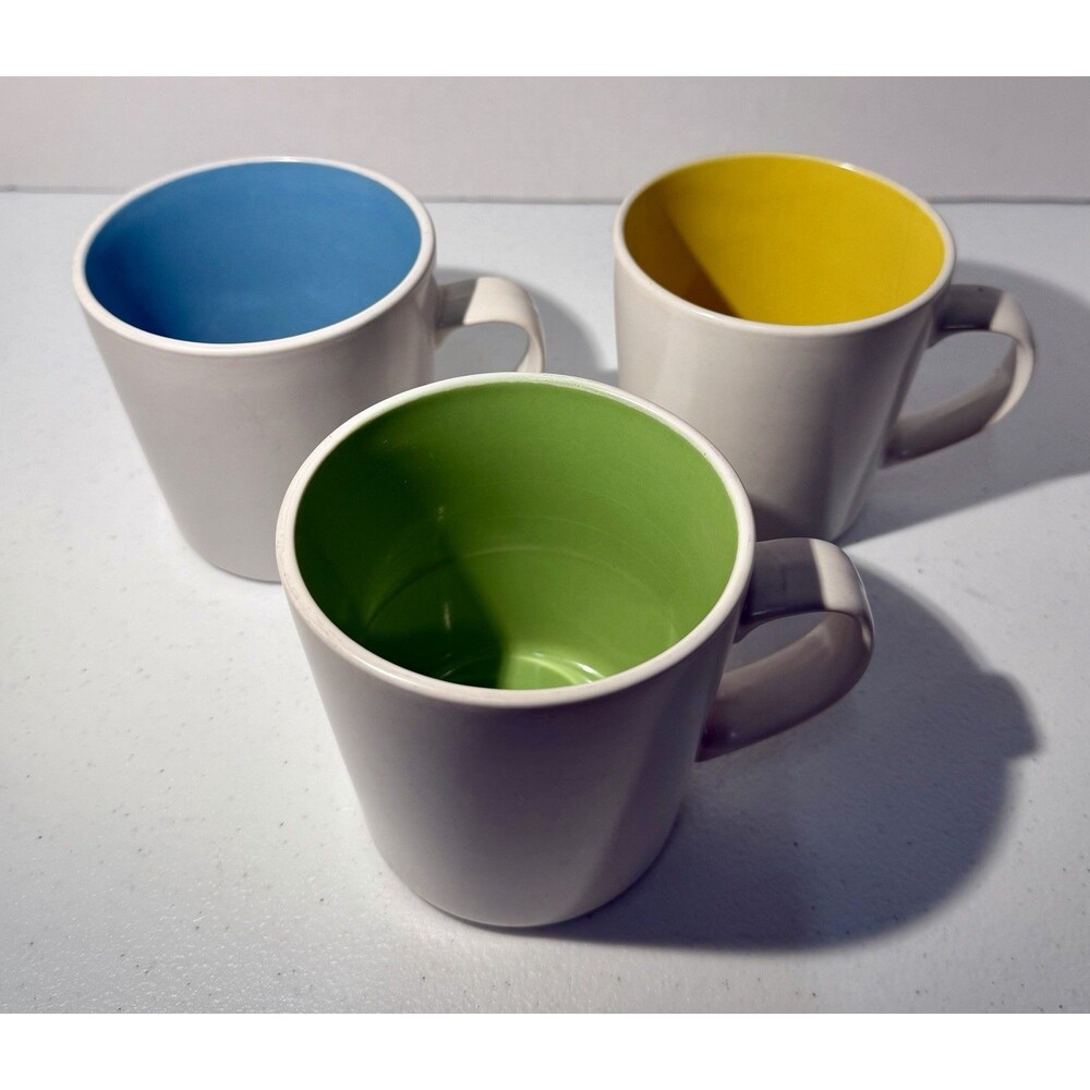 ONEIDA COLOR BURST COFFEE CUP MUG  STONEWARE 10 fl oz SET OF 3 YELLOW GREEN BLUE